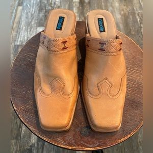 Nicole Vintage Leather Western Slip on Tan Mules, Size 8.5"